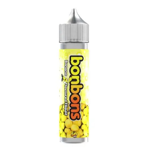Banana-flavored e-liquid bottle labeled Bonbons, 50ml with yellow candy design and silver cap