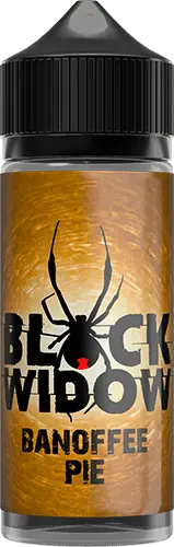 Black Widow Banoffee Pie flavored vape juice bottle with spider graphic and brown textured background