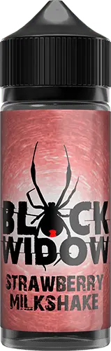 Black Widow Strawberry Milkshake e-liquid bottle with black spider graphic and textured red label