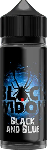 Black Widow Black and Blue e-liquid bottle with black spider logo on blue swirl background
