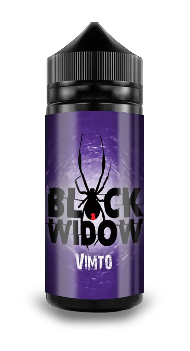 Black Widow Vimto e-liquid bottle with purple label featuring a black widow spider graphic