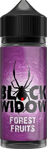 Black Widow Forest Fruits e-liquid bottle with black spider logo on purple background