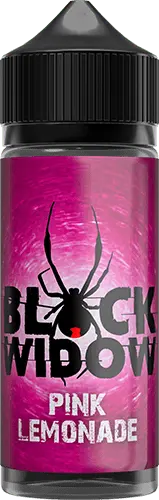 Black Widow Pink Lemonade e-liquid bottle with black spider logo on pink textured background