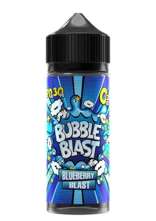 Bubble Blast Blueberry Blast e-liquid bottle with blue comic-style label and black cap