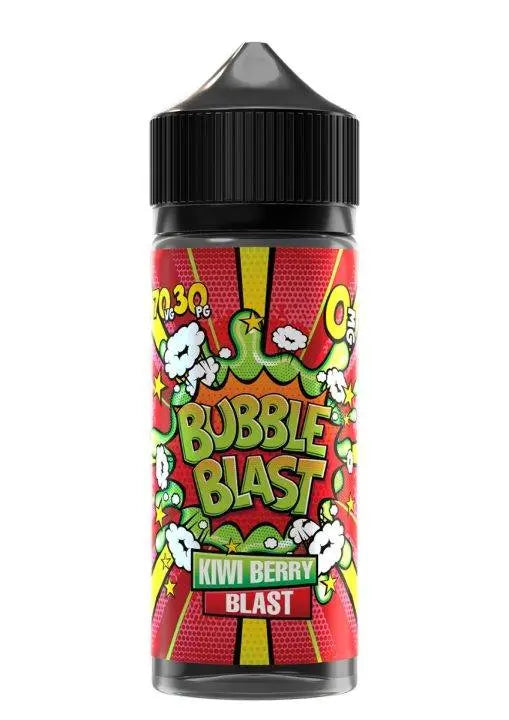 Bottle of Bubble Blast Kiwi Berry Blast e-liquid with colorful comic-style label and black cap