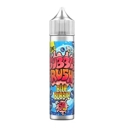 Bottle of Blue Bubble Rush e-liquid vaping juice with 50ml capacity and blueberry flavor