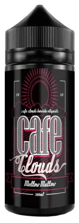 Cafe Clouds Mellow Mallow 100ml black e-liquid bottle with red and white branding design