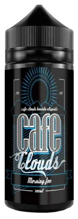 Black 100ml Cafe Clouds Morning Joe e-liquid bottle with blue and white label design