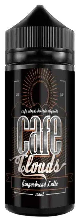 Black bottle of Cafe Clouds Gingerbread Latte e-liquid with vintage coffee-themed label