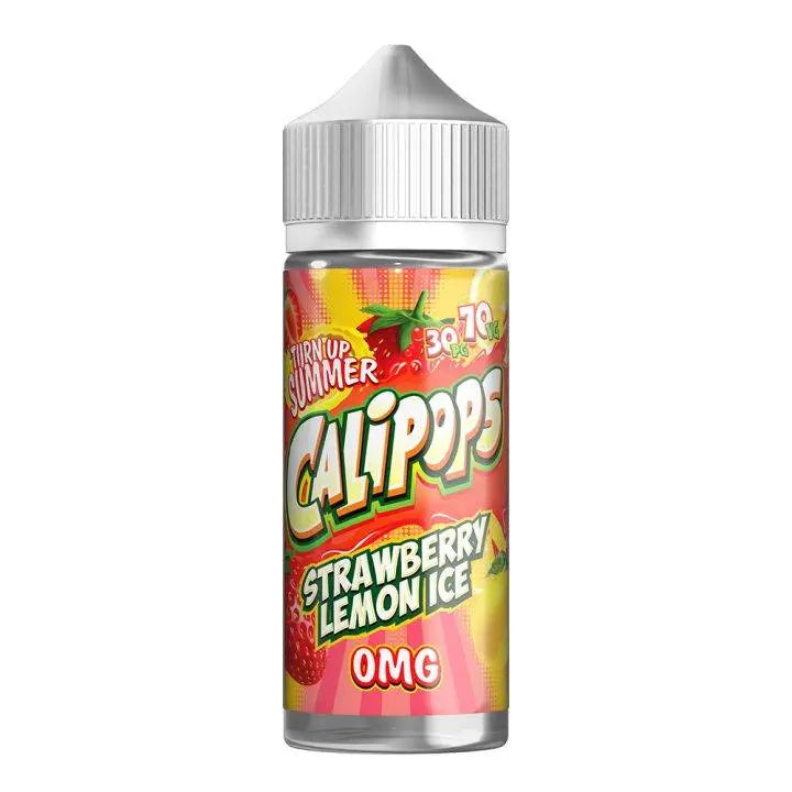 Calipops Strawberry Lemon Ice vape juice bottle with bright red and yellow label and 0mg nicotine