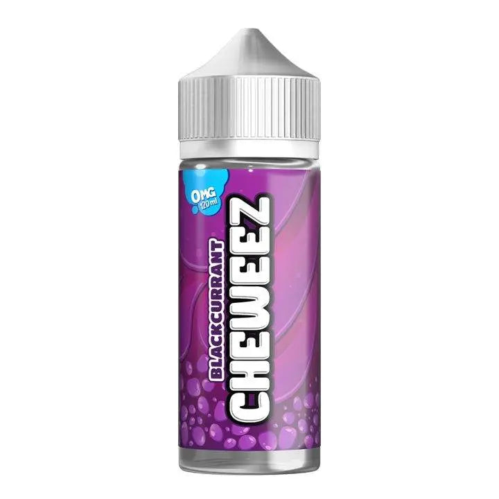 Cheweez Blackcurrant vape juice bottle with purple label and white cap, 120ml, 0mg nicotine