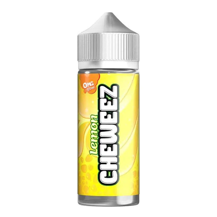 Lemon Cheweez flavored e-liquid bottle with bright yellow label and white cap, 0mg nicotine, 120ml