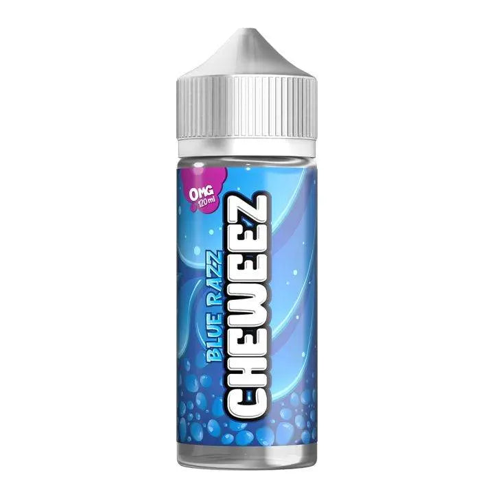 Cheweez Blue Razz e-juice bottle with 120 ml 0mg nicotine, blue and purple bubble design