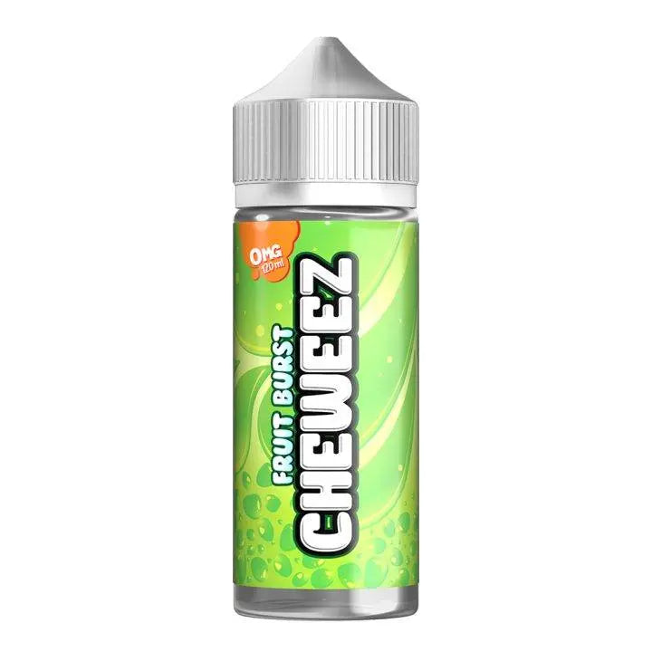 Fruit Burst Cheweez 120ml vape juice bottle with green bubbly design and 0mg nicotine