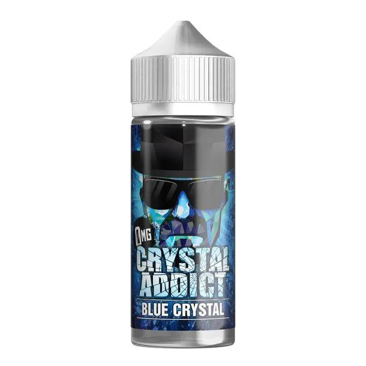 Clear bottle of Crystal Addict Blue Crystal e-liquid with blue geometric face and sunglasses design