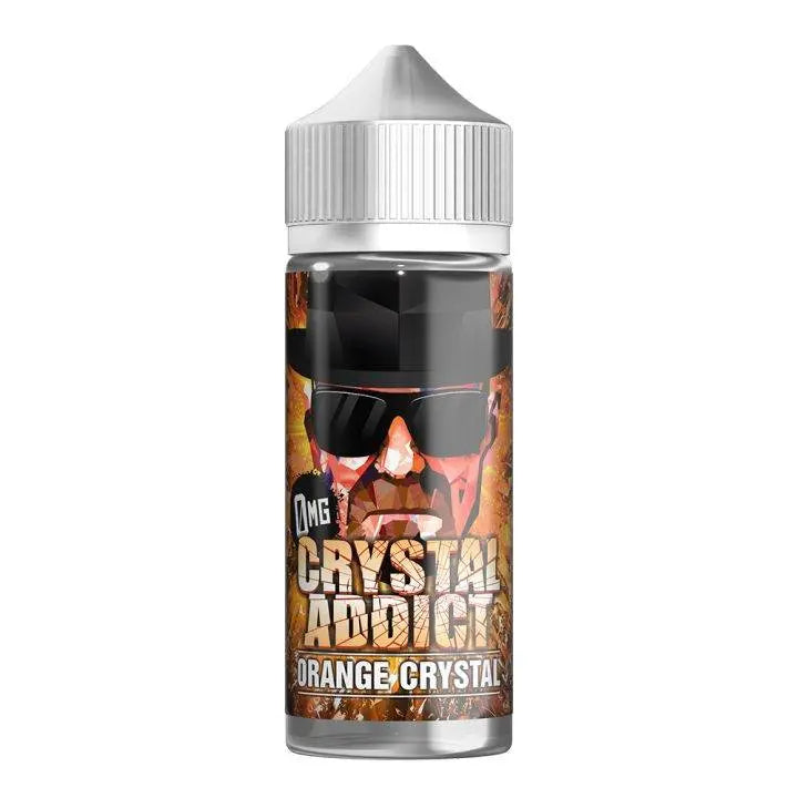 Bottle of Crystal Addict orange crystal flavor e-liquid with 0mg nicotine, featuring graphic man in sunglasses