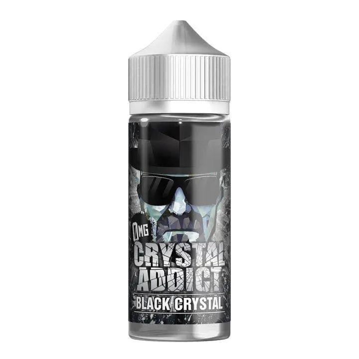 0mg Crystal Addict Black Crystal vape juice bottle with black and silver label featuring a stylized face wearing sunglasses