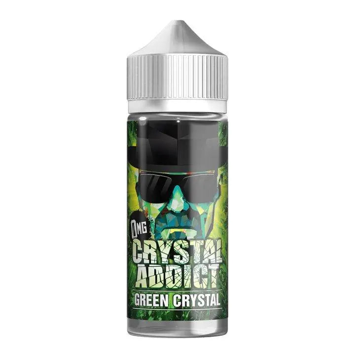 Bottle of Crystal Addict Green Crystal vape juice with 0mg nicotine, featuring a graphic face with sunglasses
