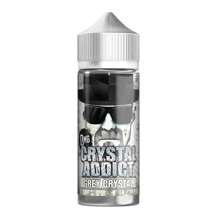 100ml bottle of Crystal Addict Grey Crystal e-liquid with black sunglasses design and 0mg nicotine