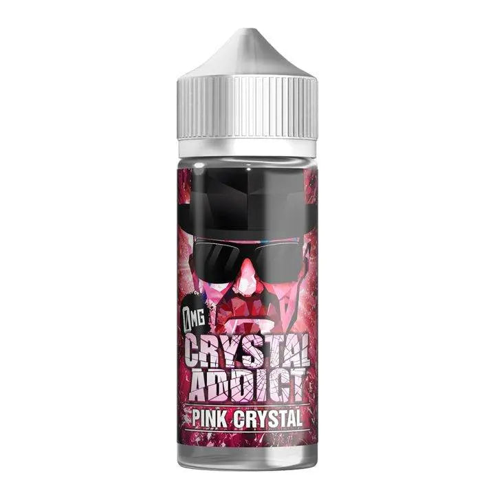 Bottle of Crystal Addict Pink Crystal vape juice with black, white, and pink label featuring man with sunglasses and hat