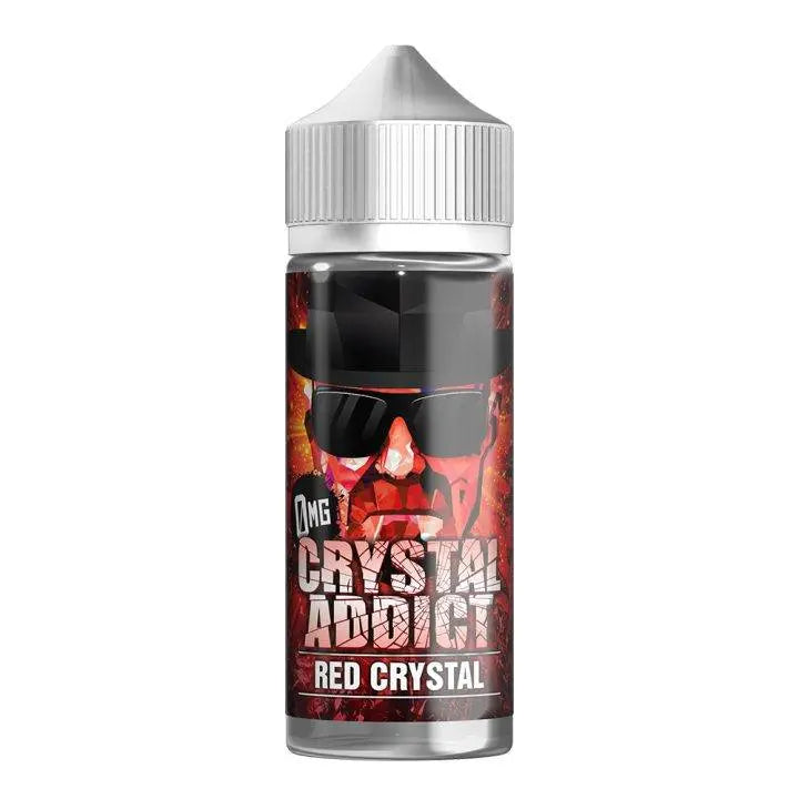 Red Crystal e-liquid bottle with a graphic face wearing sunglasses and hat, labeled 0mg Crystal Addict