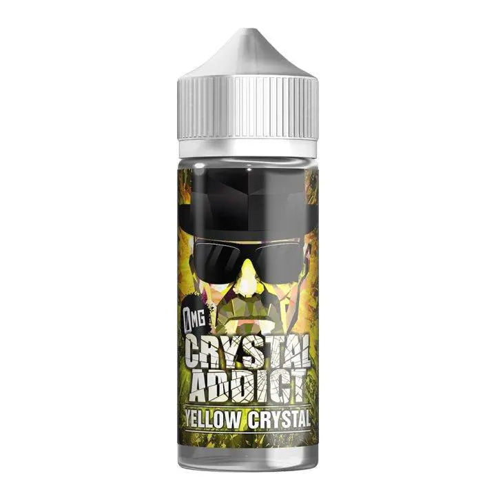 Bottle of 0mg Crystal Addict Yellow Crystal e-liquid with graphic of man wearing sunglasses and hat