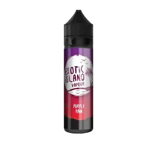 Exotic Island Vapour Purple Rain e-liquid bottle with purple and red label featuring palm tree graphic