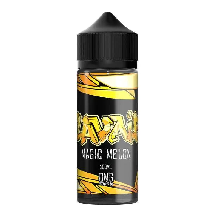 100ml Lavaid Magic Melon e-liquid bottle with 0mg nicotine, black label with yellow and orange design