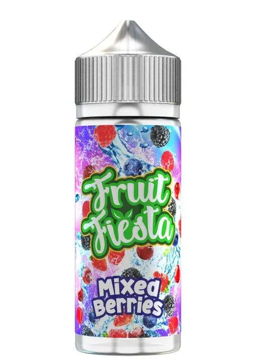 Bottle of Fruit Fiesta Mixed Berries e-liquid with vibrant berry design and silver cap