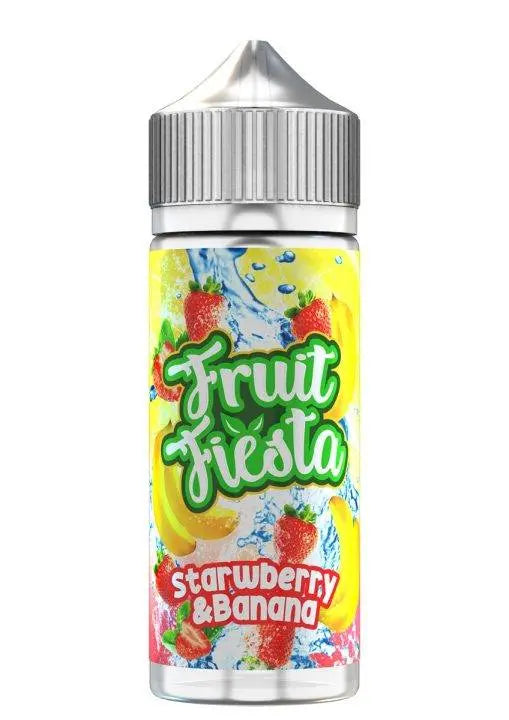 Fruit Fiesta Strawberry & Banana flavored e-liquid bottle with fresh fruit and splash design