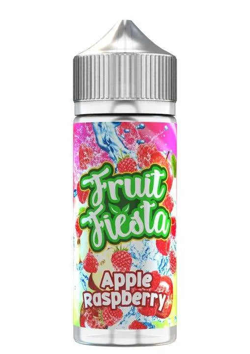 Fruit Fiesta Apple Raspberry flavored vape juice bottle with colorful fruit and water splash design