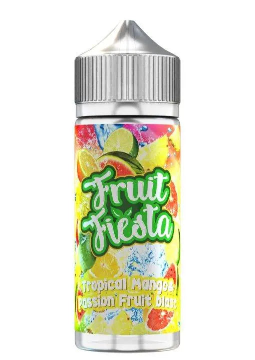 Fruit Fiesta Tropical Mango Passion Fruit Blast e-liquid bottle with colorful fruit and splash design
