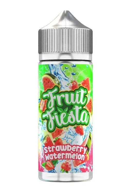 Fruit Fiesta e-liquid bottle with strawberry watermelon flavor on vibrant green and pink label