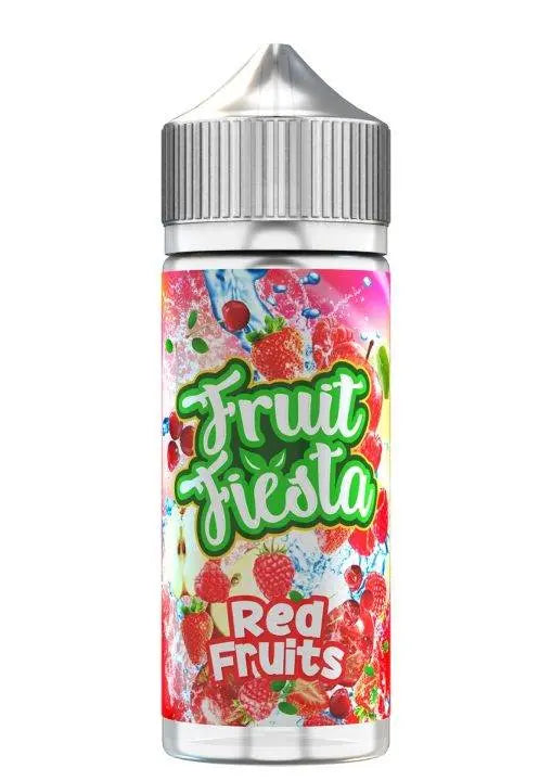 Bottle of Fruit Fiesta Red Fruits e-liquid with red berries and splash design on label