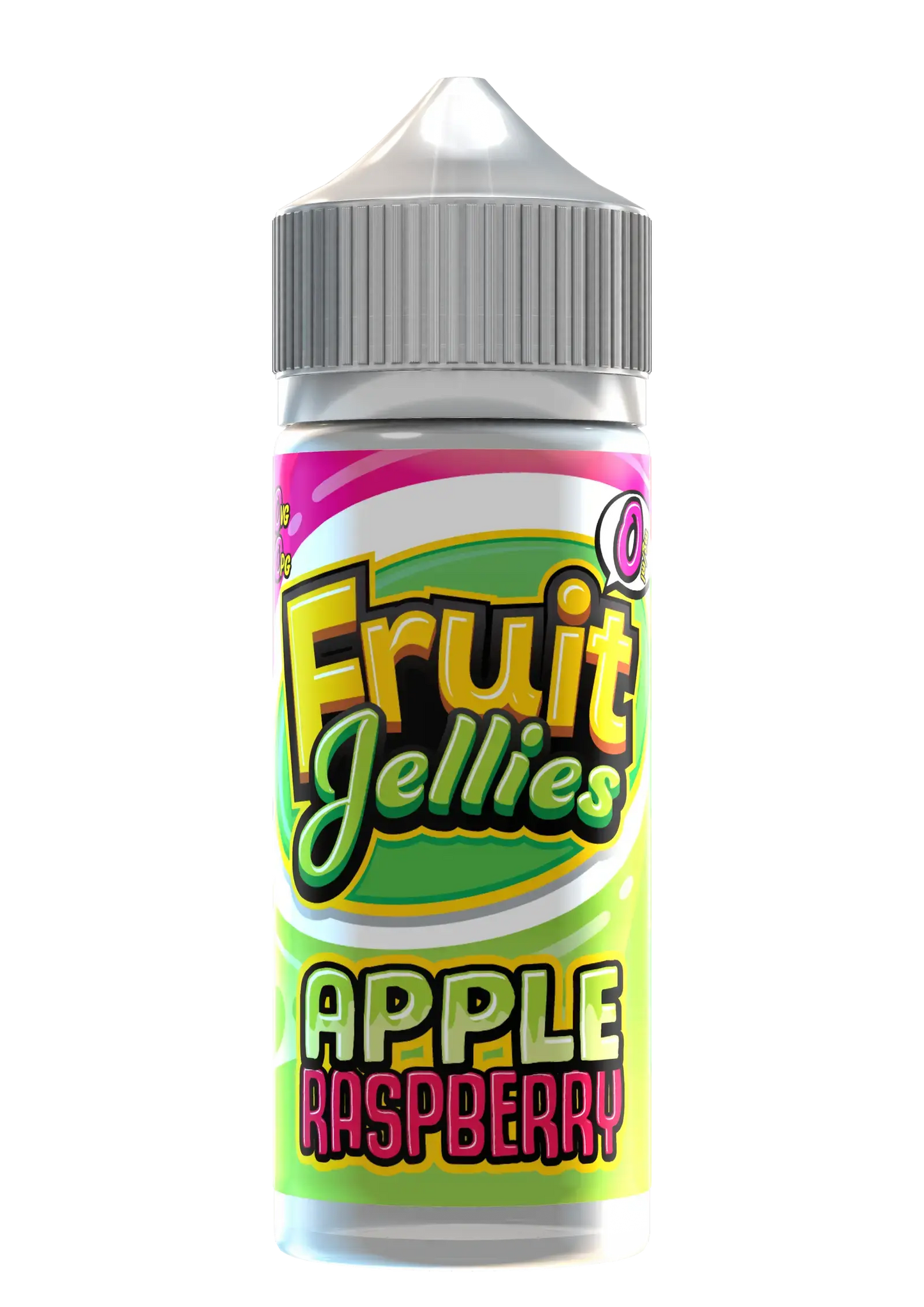 Bottle of Fruit Jellies Apple Raspberry flavored vape juice with colorful label and gray cap
