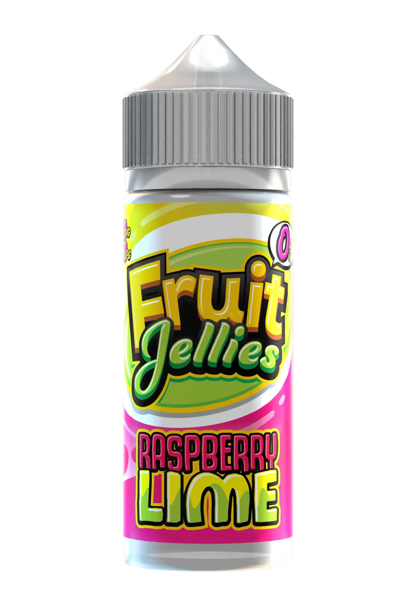 Plastic bottle of Fruit Jellies raspberry lime flavored e-liquid with bright yellow, green, and pink label