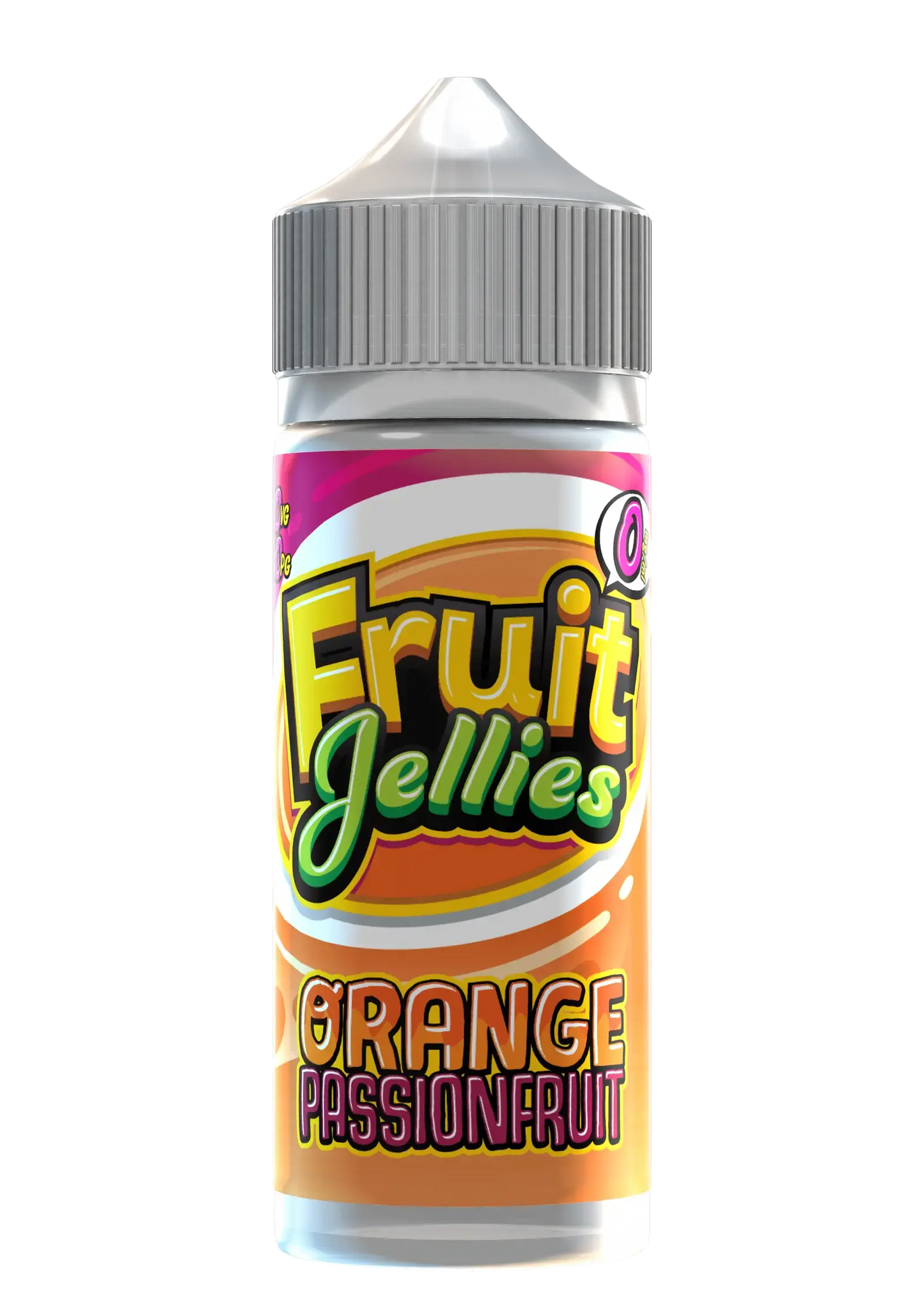 Fruit Jellies e-liquid bottle with orange passionfruit flavor and colorful label
