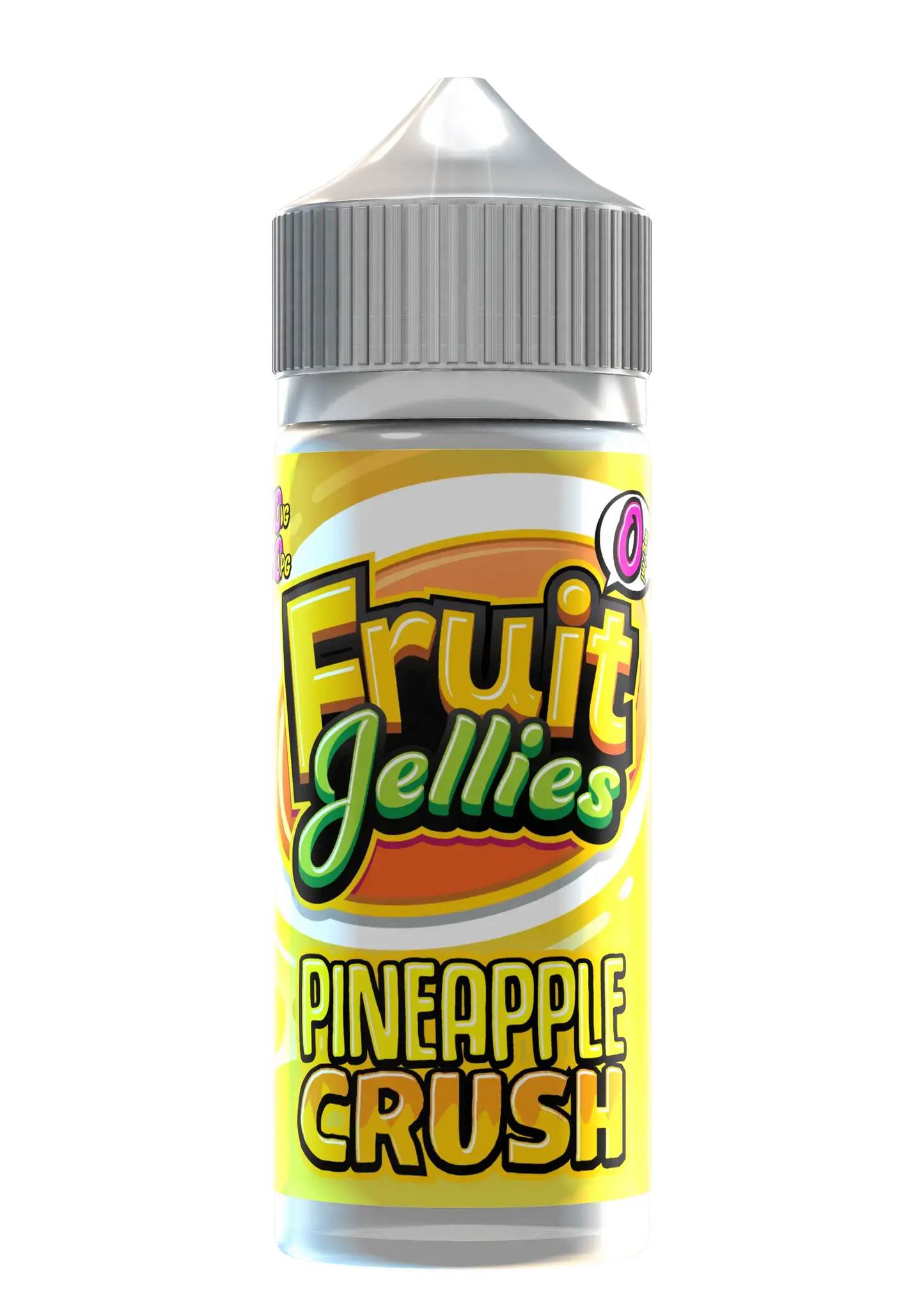 Bottle of Fruit Jellies Pineapple Crush flavored e-liquid with yellow label and gray cap