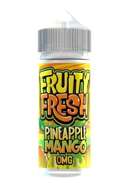 Fruity Fresh Pineapple Mango e-liquid bottle with gray cap, vibrant yellow and green label design