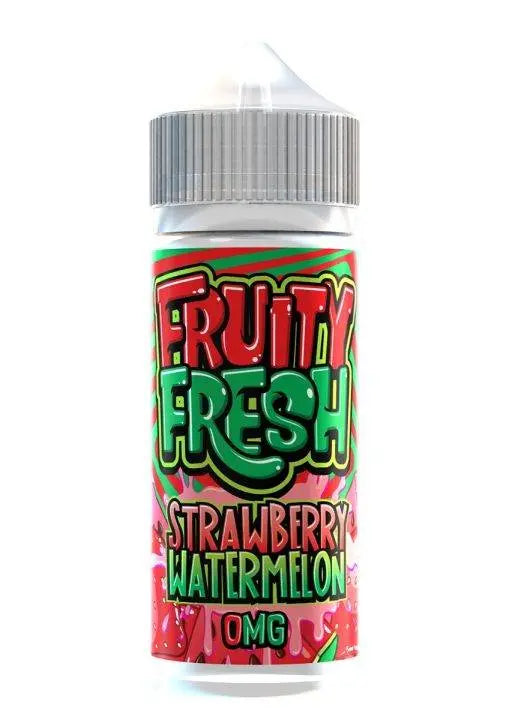 Fruity Fresh Strawberry Watermelon vape juice bottle with colorful red and green label and gray cap