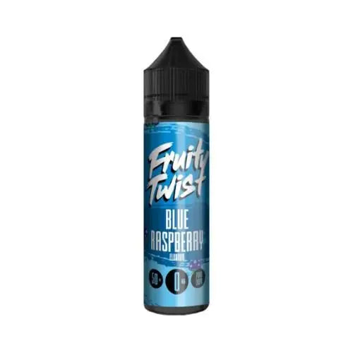 Fruity Twist Blue Raspberry vape juice bottle with black cap on white background