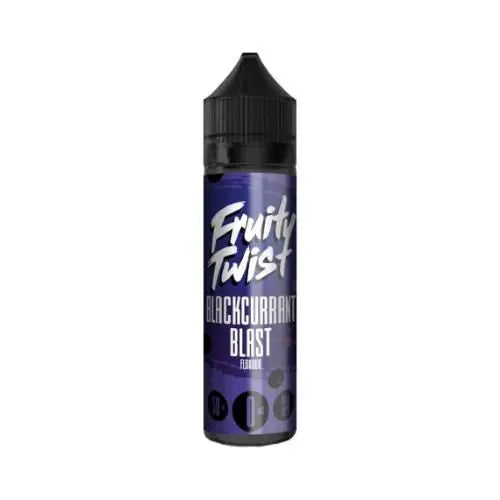 Fruity Twist Blackcurrant Blast flavored e-liquid bottle with purple label and black cap