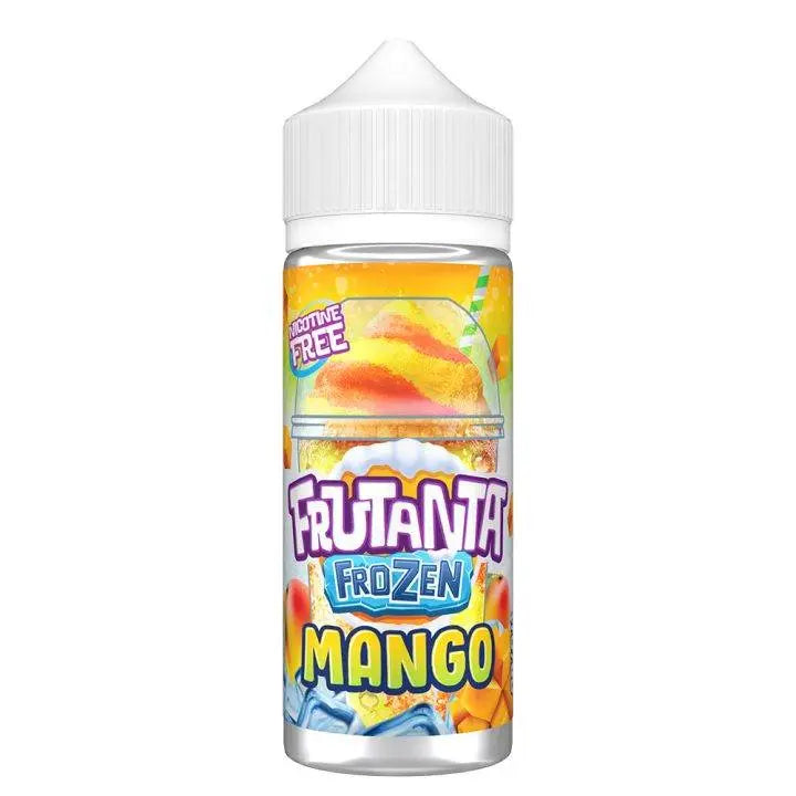 Nicotine-free Frutanta Frozen Mango vape juice bottle with vibrant mango and ice cube graphics