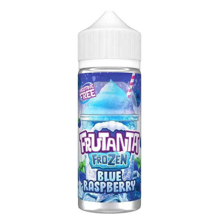 Frutanta Frozen Blue Raspberry e-liquid bottle with nicotine free label and icy blue dessert artwork