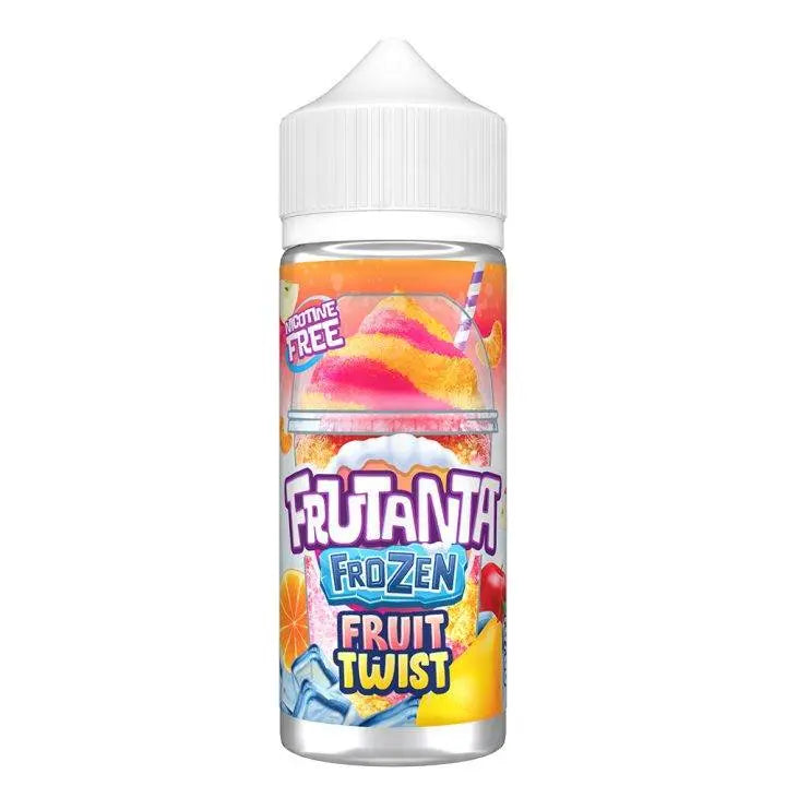 Nicotine-free Frutanta Frozen Fruit Twist e-liquid bottle with colorful fruit and ice cube design