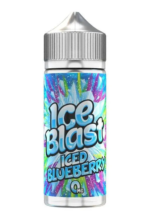 Ice Blast Iced Blueberry vape juice bottle with silver cap and colorful icy blueberry design