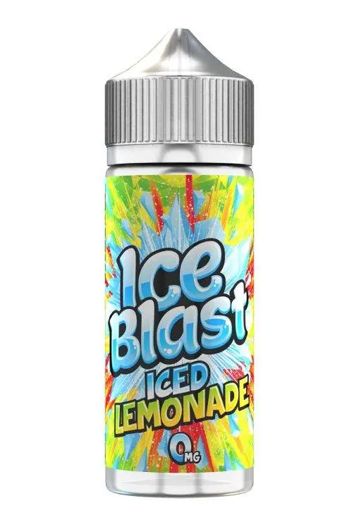Bottle of Ice Blast Iced Lemonade e-liquid with colorful splash design and 0mg nicotine label