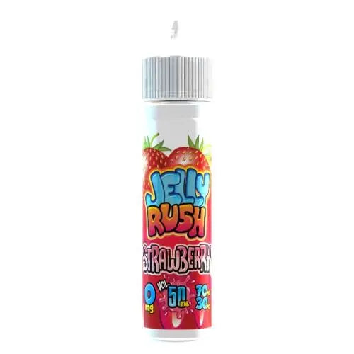 Jelly Rush Strawberry e-liquid bottle with 50ml volume and 0mg nicotine, colorful design