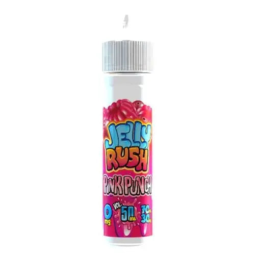 Jelly Rush Pink Punch vape juice bottle with 0 mg nicotine, 50 ml volume, and 70/30 VG/PG blend