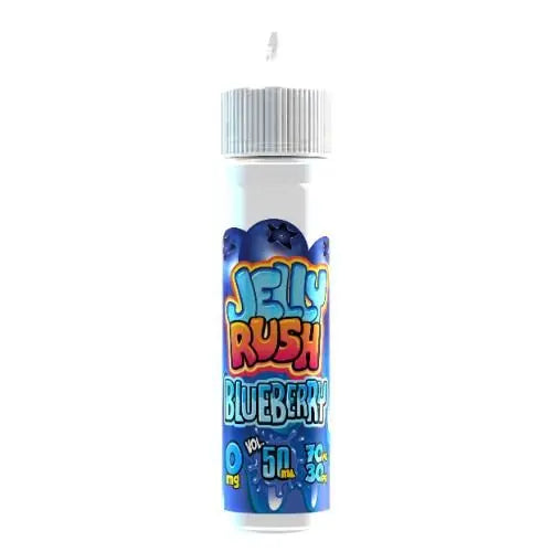 Jelly Rush Blueberry vape juice bottle with 0mg nicotine, 50ml volume, blue and orange label